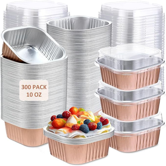 Aoriher 300 Pieces 10 oz Mini Cake Pans with Lids, Aluminum Foil Baking Cups, Square Disposable Cupcake Cups Baking Tins for Wedding Birthday Party Supplies(Champagne)