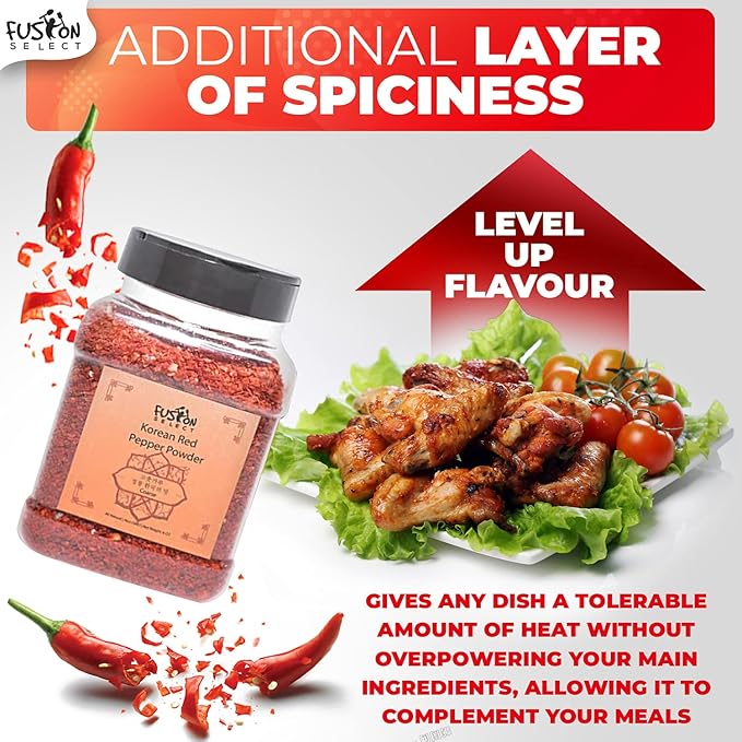Fusion Select Korean Non-GMO Red Chili Pepper Flakes Powder, Gluten Free, Premium Gochugaru for Kimchi, Chicken, Pork, Fish, Vegetables Seasoning Korean BBQ Hot Pepper Coarse Powder Flakes 12 OZ