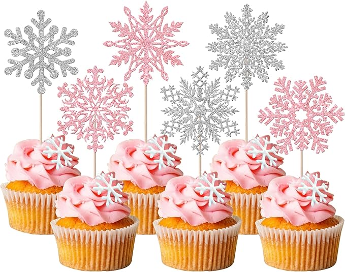 Rsstarxi 24 Pack Snowflake Cupcake Toppers Glitter Winter Wonderland Theme Cupcake Picks Snowflake Cake Decorations for Winter Frozen Baby Shower Birthday Party Decorations Silver Pink