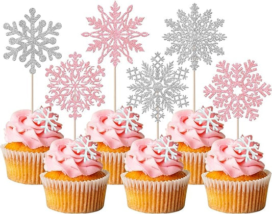 Rsstarxi 24 Pack Snowflake Cupcake Toppers Glitter Winter Wonderland Theme Cupcake Picks Snowflake Cake Decorations for Winter Frozen Baby Shower Birthday Party Decorations Silver Pink