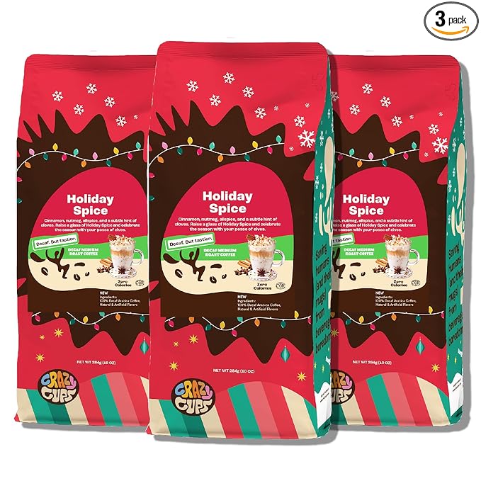 Crazy Cups Flavored Ground Decaf Holiday Coffee, Decaffeinated Holiday Spice Coffee in 10 oz Bag, For Brewing Flavored Hot or Iced Coffee, (Pack of 3)