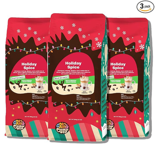 Crazy Cups Flavored Ground Decaf Holiday Coffee, Decaffeinated Holiday Spice Coffee in 10 oz Bag, For Brewing Flavored Hot or Iced Coffee, (Pack of 3)