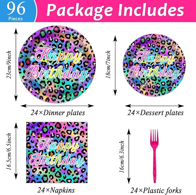 96Pcs Neon Rainbow Leopard Birthday Party Plates and Napkins Cheetah Print Birthday Themed Party Decorations Cheetah Leopard Girl's Sparkly Splatter Tableware Set for 24 Guests Baby Shower Supplies