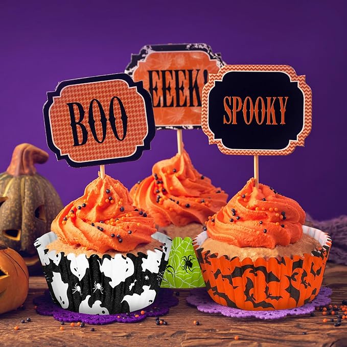 Whaline 600Pcs Halloween Cupcake Liners Pumpkin Witch Legs Bats Ghosts Spider Skulls Cupcake Wrappers Baking Cups Holders Muffin Baking Liners for Halloween Party Supply