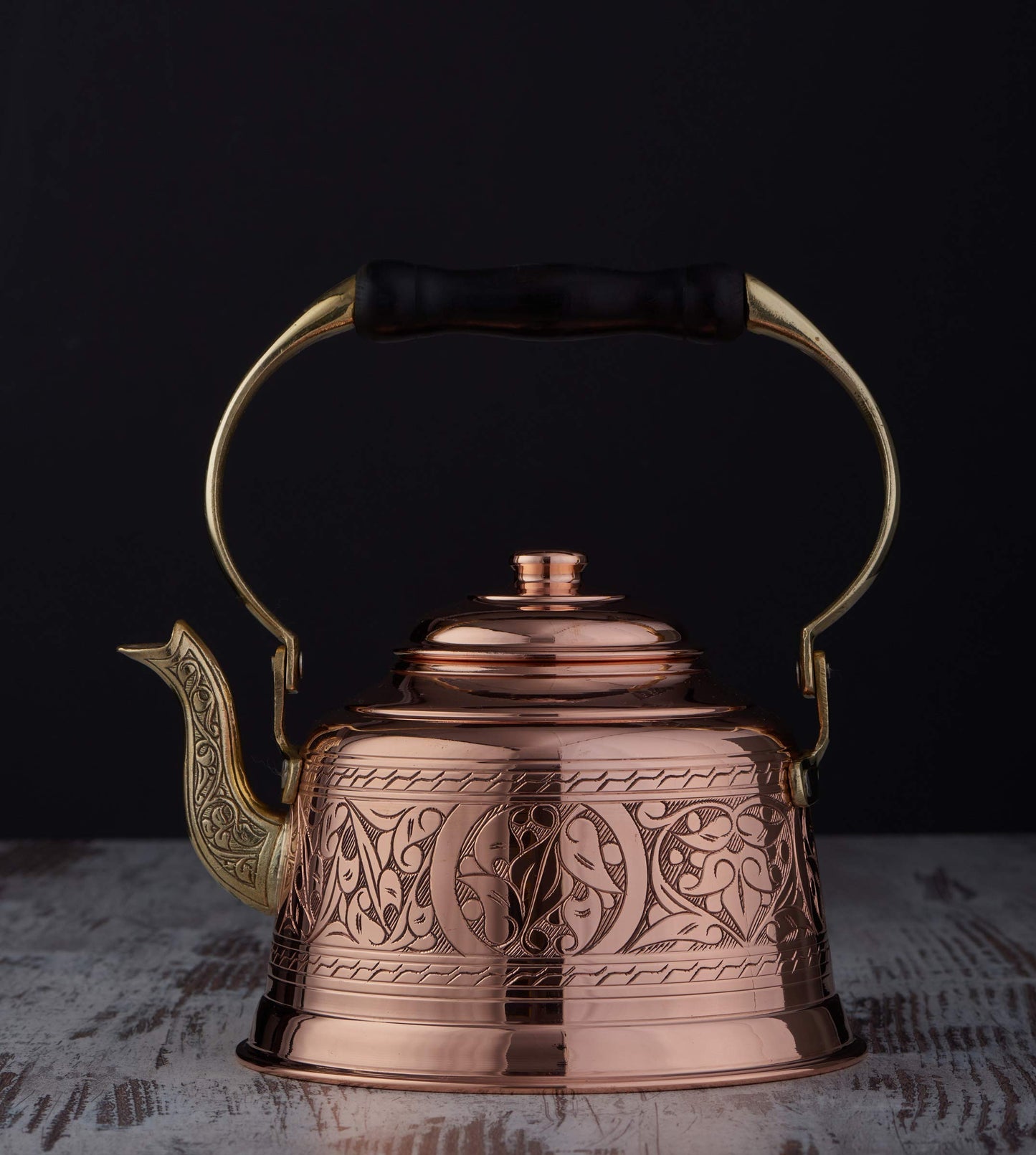 DEMMEX Heavy Gauge 1mm Thick Engraved Solid Copper Tea Pot Kettle Stovetop Teapot, Handmade