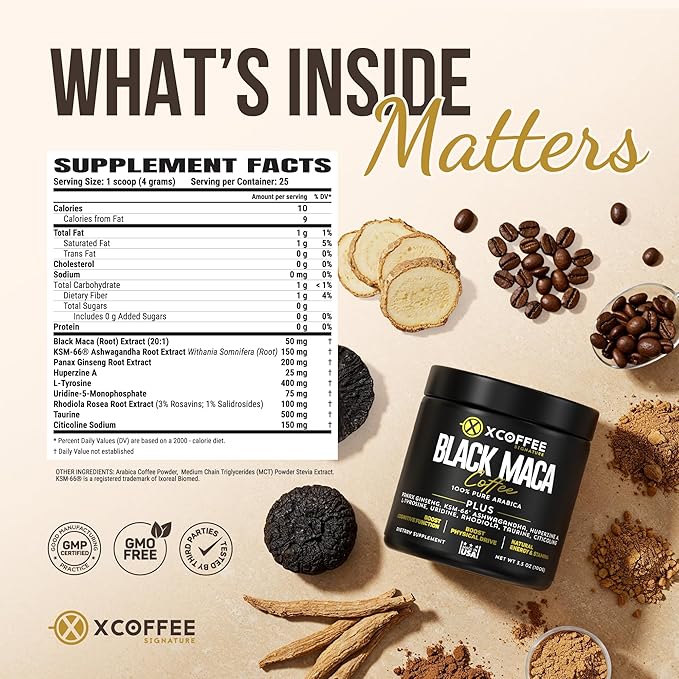 X COFFEE Instant Black Maca Coffee for Men and Women – Maca Coffee Powder - Instant Coffee Blend with Maca Root, Ashwagandha, Ginseng, Huperzine A, Rhodiola, Taurine, Uridine, Citicoline & L-Tyrosine