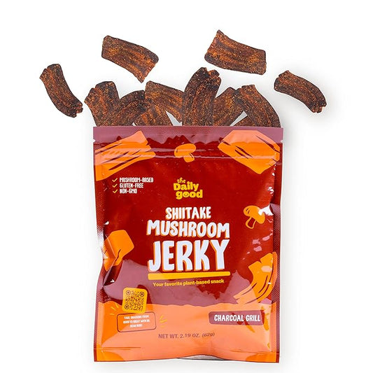 The Daily Good Mushroom Jerky - Single-Pack Snacks, High-Fiber Mushroom Snack, Meatless & Gluten-Free Food, Contains Eggs, Made from Shiitake Stalk, 0.58 lbs., Vegetarian, Charcoal Grill (BBQ Flavor)