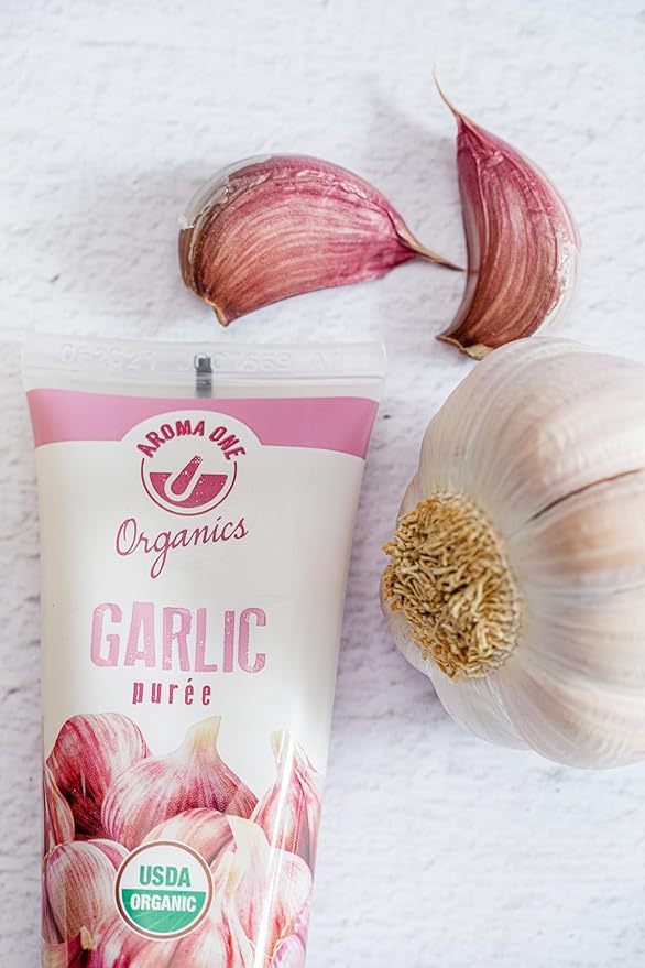 Aroma One Garlic Puree Paste - Organic Herb Concentrate for Cooking, Seasoning & Sauces - Fresh Flavor Enhancer, Non-GMO, Gluten-Free, Vegan - Easy Squeeze Tube, Kitchen Must-Have - 80g (2-Pack)