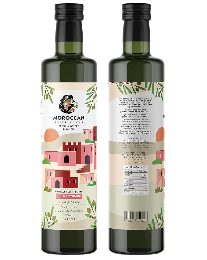 MOROCCAN OLIVE GROVE - Bold & Dynamic - Premium Desert Extra Virgin Cold Extracted Olive Oil, 100% Single Origin from Morocco, Polyphenol Rich - 16.9 Fl oz (500ml) (Red 500ml *)