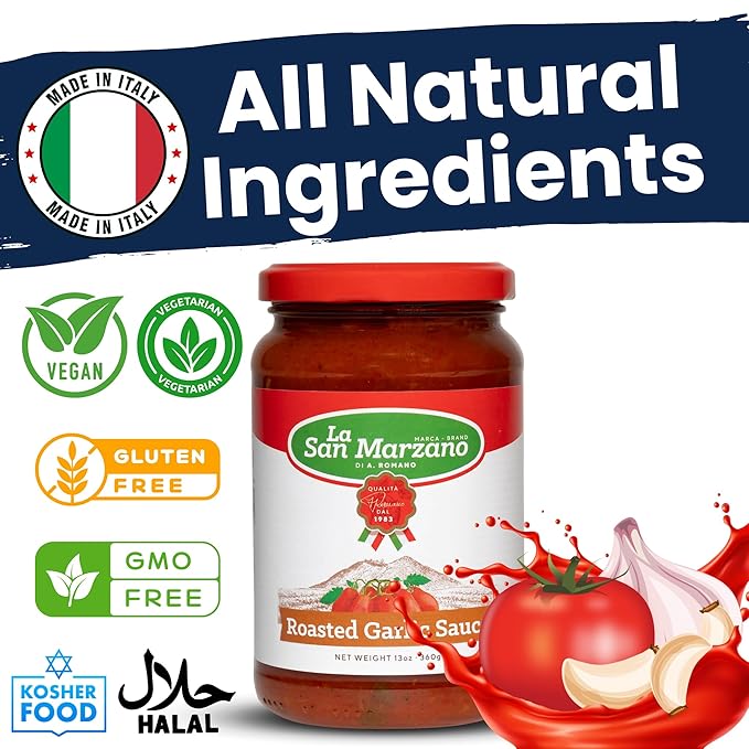 La San Marzano Roasted Garlic Sauce, 13 oz, Pasta Sauce Made in Italy, All Purpose Tomato Premium Quality, All Natural, Mediterranean Diet, Non GMO, Vegan, Gluten Free