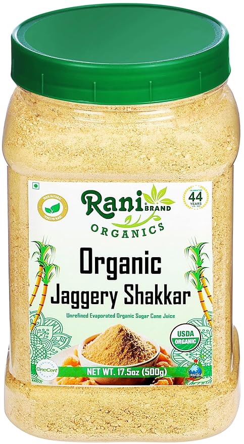 Rani Organic Jaggery Shakkar (Unrefined Evaporated Organic Sugar Cane Juice) 17.5oz (1.1lbs) 500g PET Jar ~ Gluten Friendly | Vegan | NON-GMO | No Salt or fillers | USDA Certified Organic