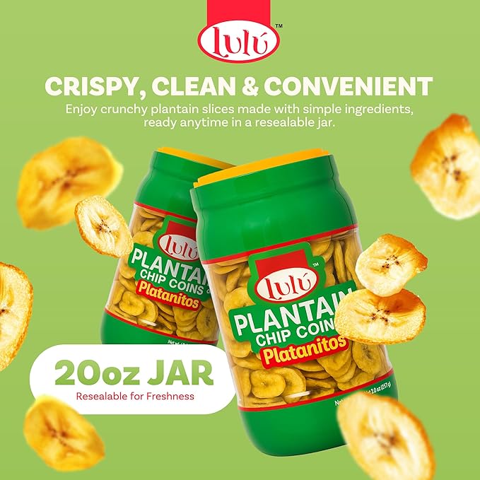 LULU Plantain Chip Coins ??Original Flavor, 20 oz Jar ??Crunchy Plantain Slices ??No Artificial Colors or Preservatives ??Ready-to-Eat Snack, Platanitos Chips in a Container
