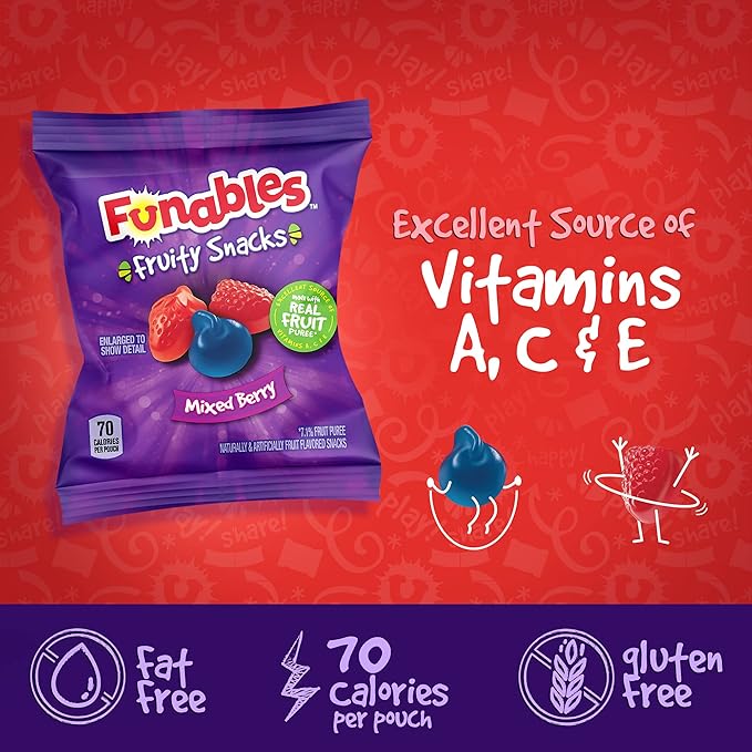 Funables Fruit Snacks, Mixed Berry Fruit Flavored Snacks, 0.8 ounce Pouches (Pack of 80)