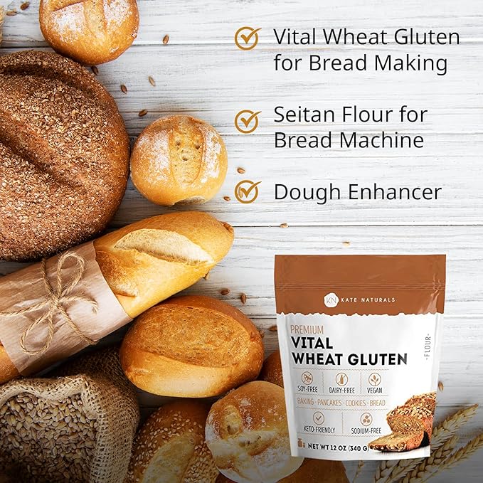 Kate Naturals Vital Wheat Gluten for Bread Making, Baking & Seitan. Compatible with Bread Machine (12oz, High Protein Flour)