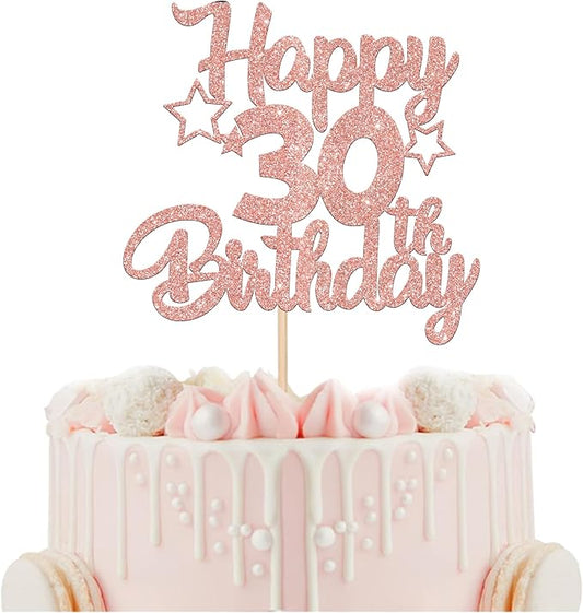 1 Pack Happy 30th Birthday Cake Topper Glitter Heart Star 30 Fabulous Cake Pick Birthday Sign Cake Decorations for 30th Birthday Theme Party Supplies Rose Gold