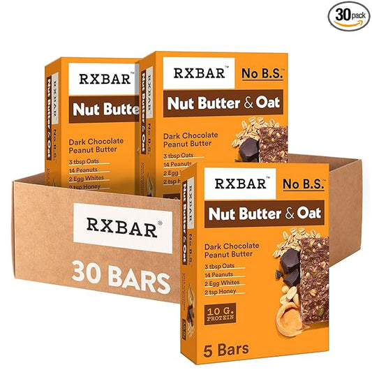 RXBAR Nut Butter and Oat Protein Bars, Protein Snacks, Snack Bars, Dark Chocolate Peanut Butter (6 Boxes, 30 Bars)