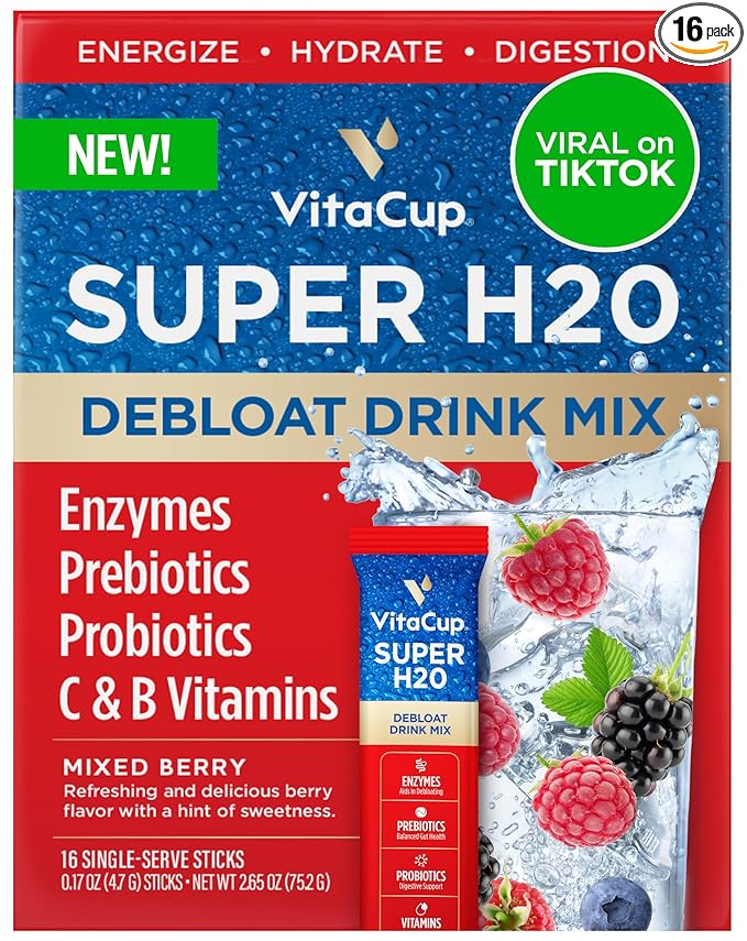 VitaCup Super H2O Bloating Relief and Digestive Health Drink Mix Packets, Probiotics, Prebiotics, C & B Vitamins, Mixed Berry Flavor Water Enhancer Packets, 16Ct