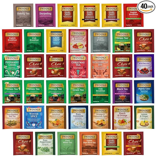 Twinings Tea Bag Sampler Assortment, Variety Pack (40 Count), 40 Unique Flavors for Tea Lovers: Women, Men, Couples, Family, Friends, Coworkers