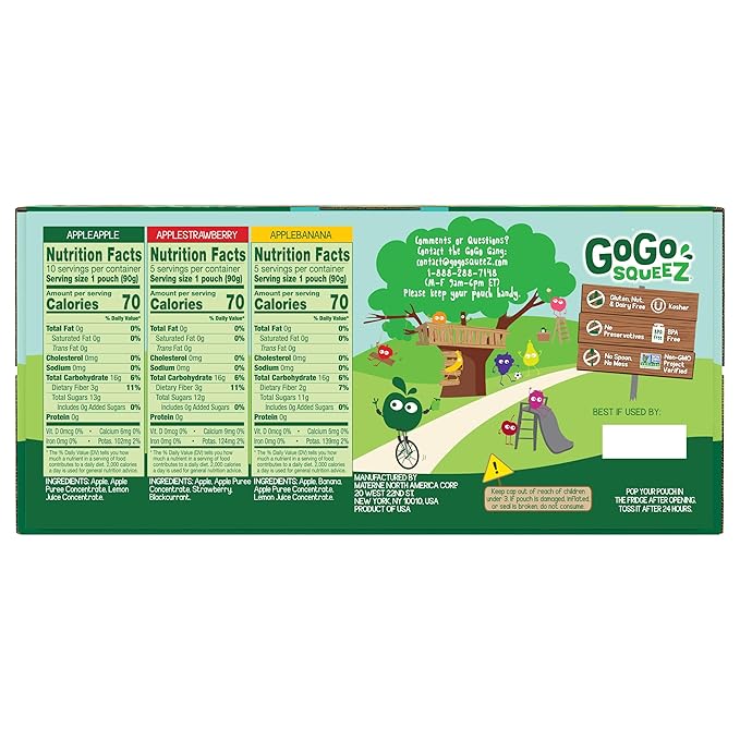 GoGo squeeZ Applesauce, Variety Pack (Apple/Banana/Strawberry), 3.2 Ounce (20 Pouches), Gluten Free, Vegan Friendly, Unsweetened, Recloseable BPA Free Pouches