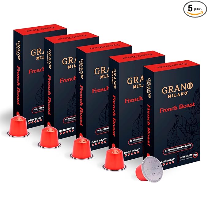New Grano Milano French Roast Coffee Capsules - 50 Aluminum Coffee Pods Compatible with Nespresso Original line, Dark Roast - Intensity 10/12, Made in Italy