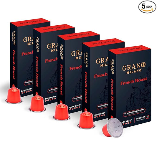 New Grano Milano French Roast Coffee Capsules - 50 Aluminum Coffee Pods Compatible with Nespresso Original line, Dark Roast - Intensity 10/12, Made in Italy