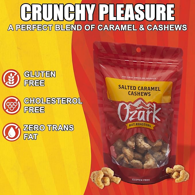 OZARK NUT ROASTERS: Salted Caramel Cashews, Gourmet Flavored Snack Nuts, Blend of Sugar, Sea Salt & Caramel, Pack of 1 (7.0 oz)