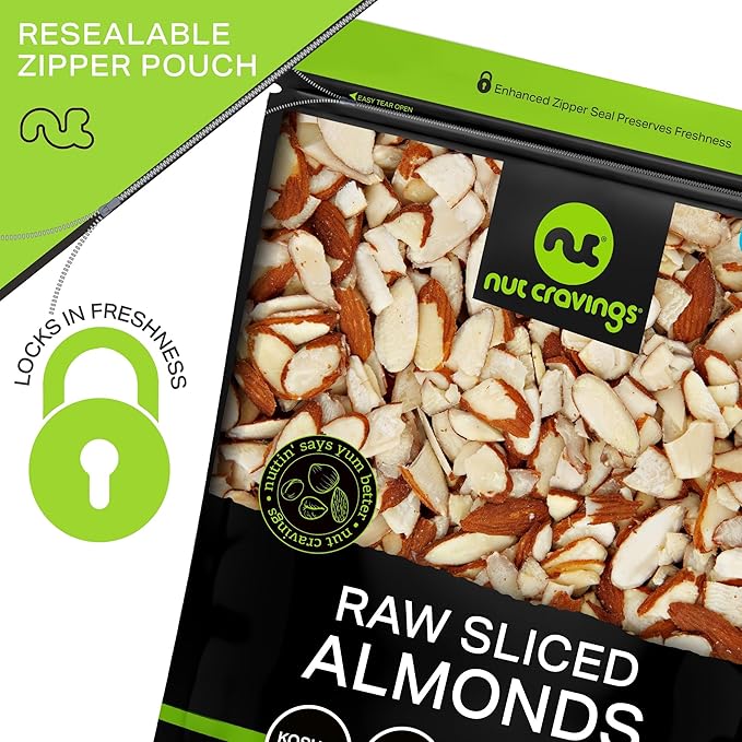 NUT CRAVINGS - Natural Sliced Almonds - Raw, (16oz - 1 LB) Packed Fresh in Resealable Bag - Nut Snack - Food Assortments Ideal for Trail Mixed Nuts