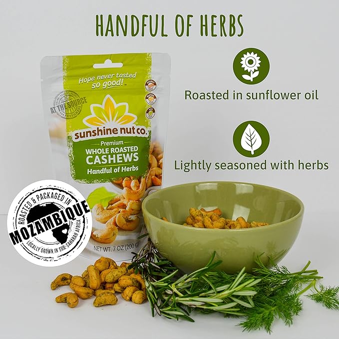 Sunshine Nut Company Whole Roasted Lightly Salted Cashews, Handful of Herbs Flavor, 4 Pack, 7 oz. Each, Gluten Free, Peanut Free and Vegan Individual Snack Packs for Kids and Adults, GMO Free