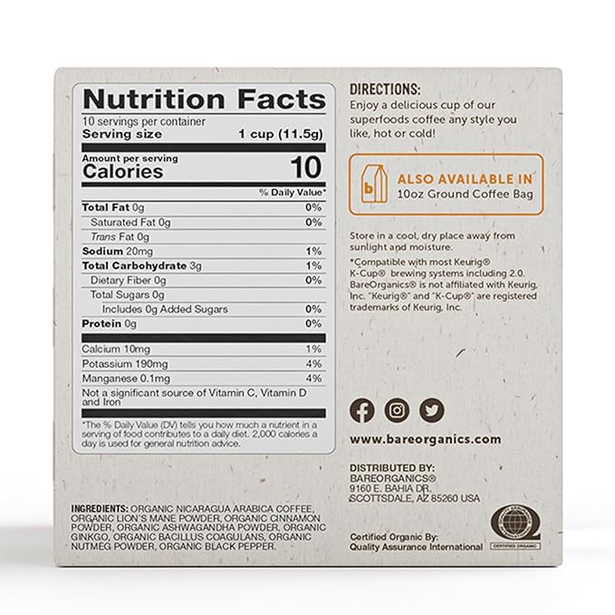 BareOrganics 13180 Focus Coffee with Superfoods, Organic Probiotic Coffee, 10 Single Serve Cups