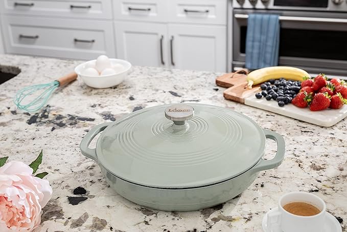 Lodge 3.6 Quart Enameled Cast Iron Covered Casserole with Lid ??Dual Handles ??Oven Safe up to 500ì§?F or on Stovetop - Use to Marinate, Cook, Bake, Refrigerate and Serve ??Desert Sage
