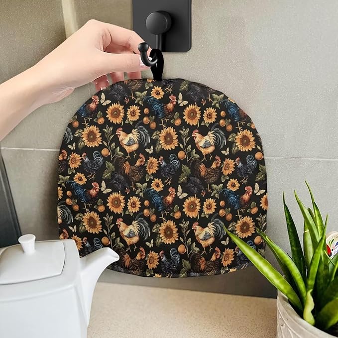 Sunflower Rooster Print Tea Pot Cover Warm Keeper with Top Hanging Loop Tea Cozy Insulated Teapot Dust Cover for Home Kitchen Decor