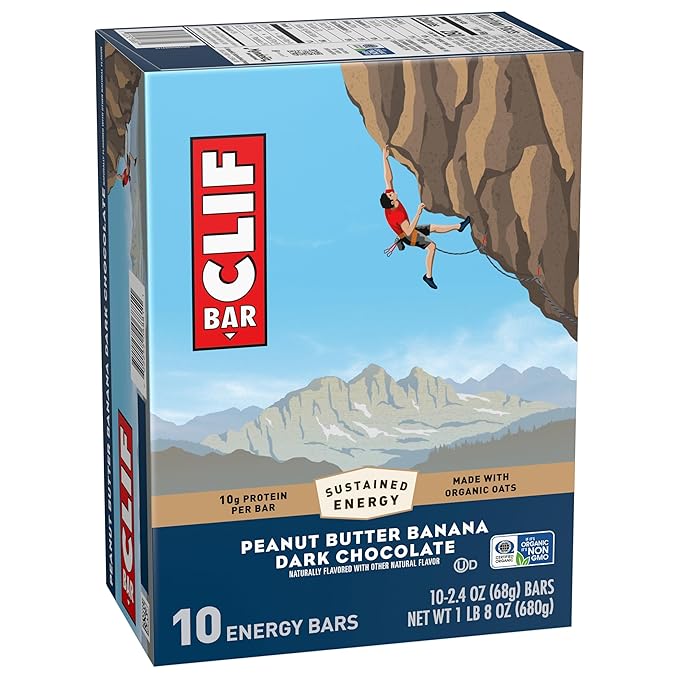 CLIF BAR - Peanut Butter Banana with Dark Chocolate Flavor - Made with Organic Oats - Energy Bars - Non-GMO - Plant Based Protein Bars (10 Pack)