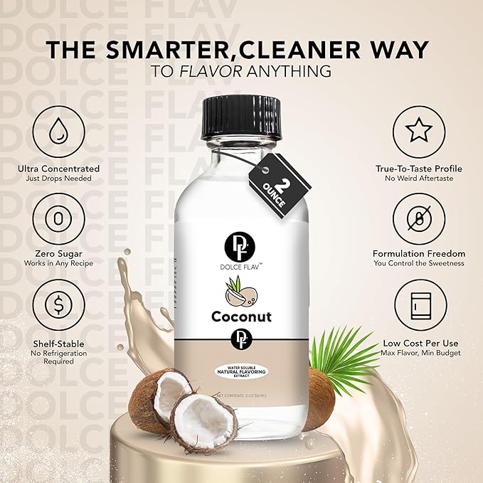 Dolce Flav Natural Coconut Extract ??2 Ounce Water-Soluble Kosher, Sugar-Free, Concentrated Tropical Coconut Flavoring for Baking, Beverages & Desserts, Includes Measured Dropper