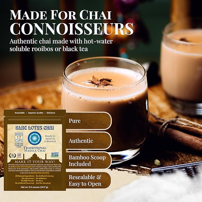 Blue Lotus Chai - Traditional Masala Chai - Makes 17 Cups - 0.5 oz Pouch Masala Spiced Chai Powder with Organic Spices - Instant Indian Tea No Steeping - No Gluten