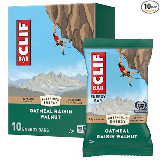 CLIF BAR - Oatmeal Raisin Walnut - Made with Organic Oats - Energy Bars - Non-GMO - Plant Based Protein Bars (10 Pack)