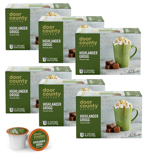 Door County Coffee Highlander Grogg Flavored Ground | 60 Count Single Serve Cups | Medium Roast | 100% Specialty Arabica | Flavored Gourmet | Caramel & Irish Cream