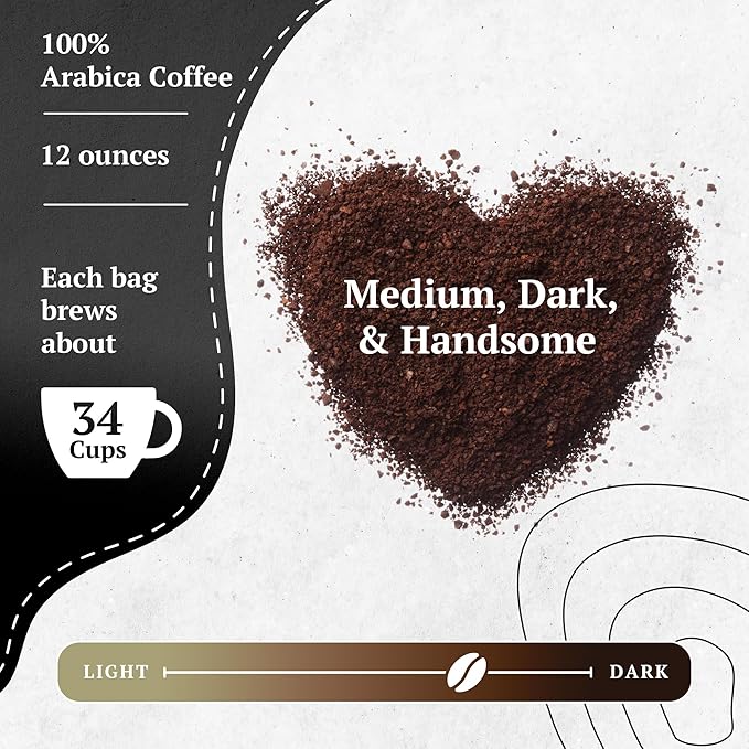 Couple?™s Coffee Ground Coffee | Gives Back to Military Families | Medium Dark and Handsome | A Smooth Medium Roast Blend | Made with 100% Arabica Beans | 12oz bag brews about 34 cups
