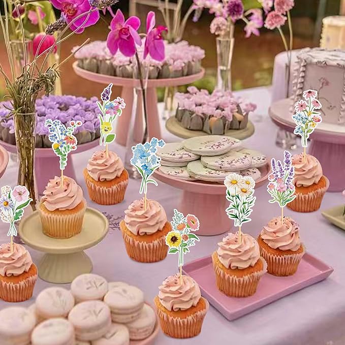 24Pcs Wildflower Cupcake Toppers Wildflower Birthday Party Decorations Picks Girl Birthday Theme Cake Decorations for Baby Shower Party Supplies Anniversary Party Decorations Supplies