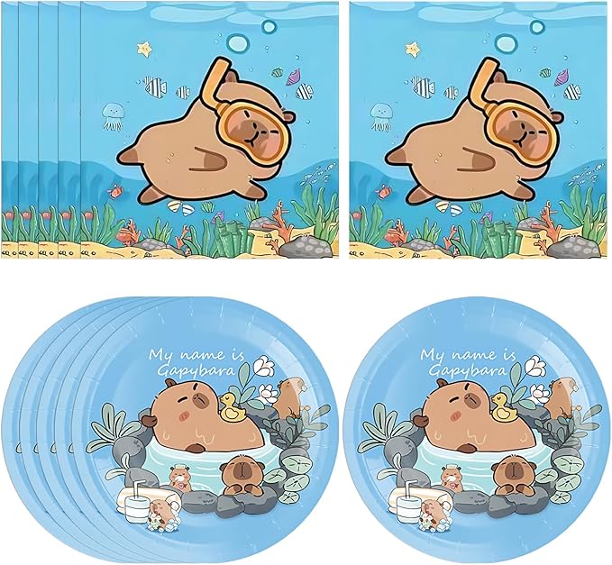 40Pcs Capybara Birthday Party Decorations - Cute Cartoon Capybara Party Tableware Set Includes Disposable Paper Plates and Napkins訝쭮aby Shower Boys Girls Birthday Party Decorations Supplies,Serves 20
