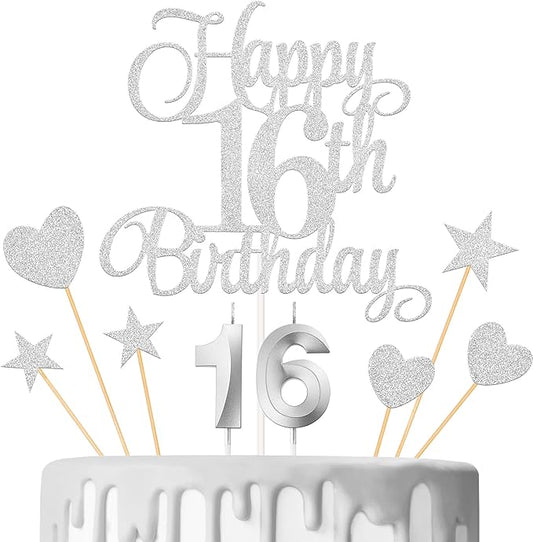 16th Birthday Cake Decorations, 16th Birthday Candles Cake Numeral Candles and Glitter Happy 16th Birthday Cake Toppers Set for Birthday Party Supplies (Silver)