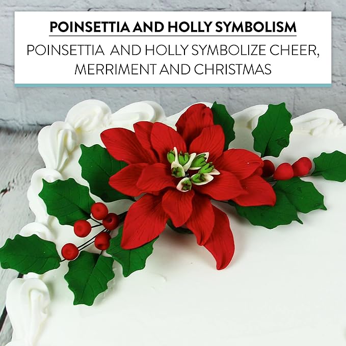 Global Sugar Art Large Poinsettia Christmas Kit Sugar Cake Flowers & Holly Leaf Sprays, 3 Piece Set by Chef Alan Tetreault. Perfect for Christmas Cake Decorations, Yule Logs and more.
