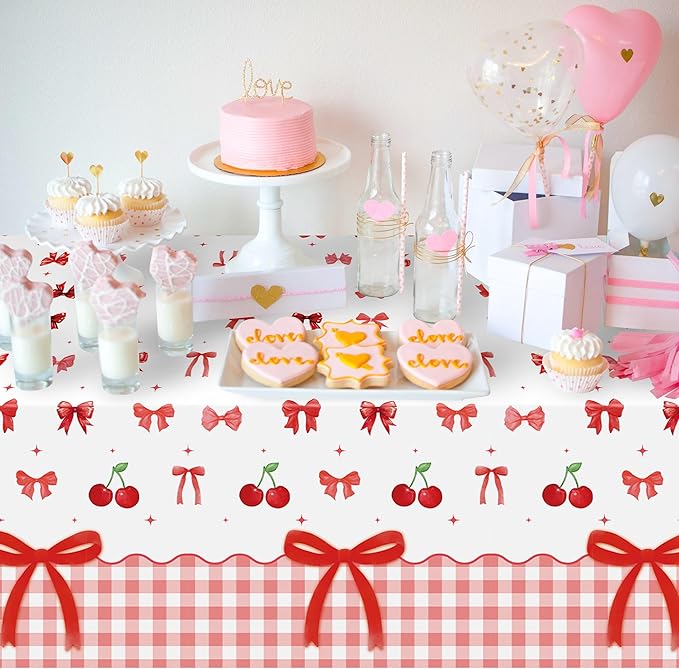 3Pcs Bow Party Tablecloths - Red Cherry Party Table Covers Decorations Coquette Bow Rectangular Plastic Disposable Table Cloth Decor for Girls Women Kids Birthday Baby Shower Supplies