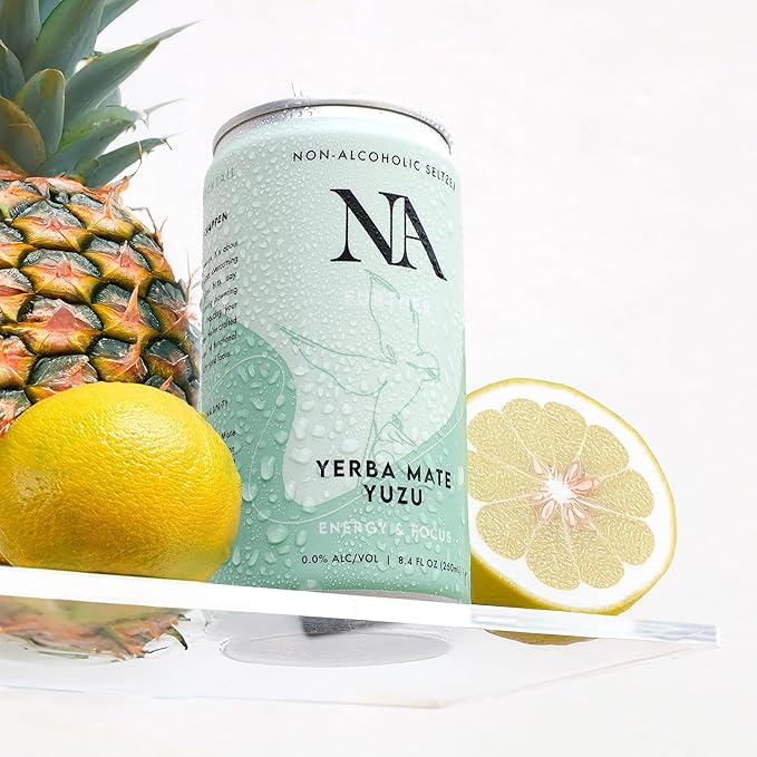 NA Non-Alcoholic Functional Mocktails with Natural Caffeine, Lions Mane Mushroom & L-Theanine for Focus and Energy | Low Sugar, Low Calorie Social Tonic, Yerba Mate Tea and Yuzu, 8.4oz Cans (12 Pack)
