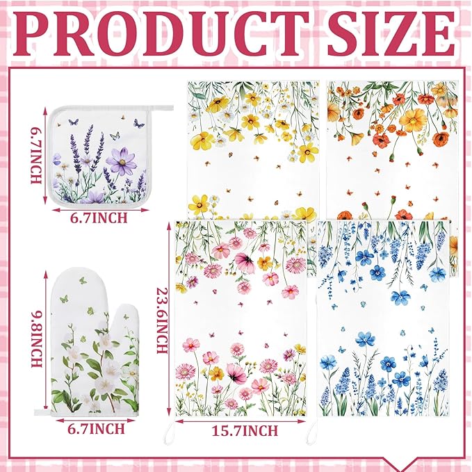 Bencailor 8 Pcs Kitchen Towel Pot Holders and Oven Mitts Set Kitchen Decoration 4 Dish Towels 2 Retro Oven Mitts 2 Potholders for Housewarming Gift Cooking Baking Grilling(Flower,Multicolor)
