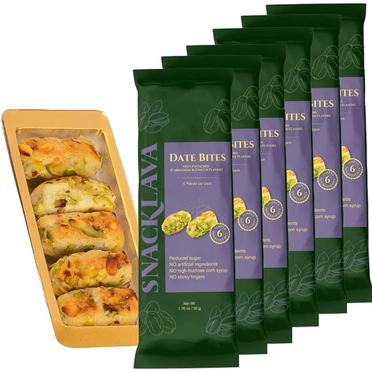 Snacklava Pistachio Date Bites with Cardamom - 6 Pack (3 Pieces per Pack) - Pistachio and Date Filled Maamoul Shortbread Cookies - No Artificial Ingredients, Colors or Preservatives