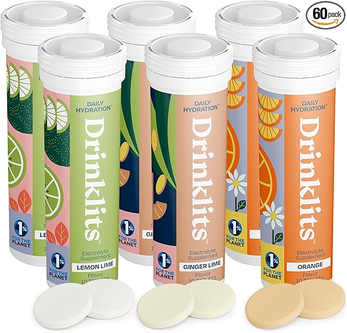 Drinklits Hydration Tablets Variety Pack (6) Tube Bundle | Ginger-Lime + Lemon-Lime + Orange | Delicious Natural Flavors ??0g Sugar ??Electrolyte Sports Drink | 6 Pack (60 Servings)