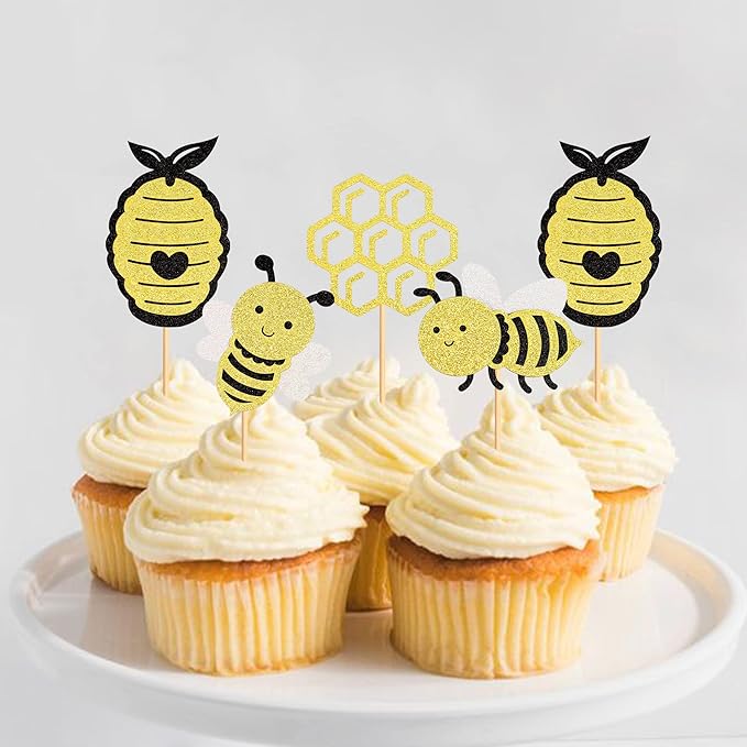 Pack of 24 Bumble Bee Cupcake Toppers Glitter Bee Gender Reveal Honeycomb Cupcake Picks Baby Shower Birthday Party Cake Decorations Supplies