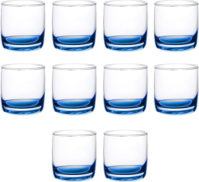 DISCOUNT PROMOS Whiskey Glasses 10 oz Set of 10, Bulk Pack - Heavy Base Old Fashioned Glass, Perfect for Scotch, Bourbon, Whiskey, Cocktail - Blue Bottom Color