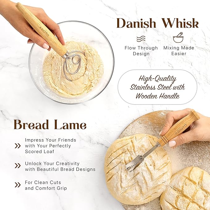 Sourdough Bread Making Kit - 9??Round & 10??Oval Banneton Proofing Baskets, Danish Dough Whisk, Bread Lame (5 Blades), Bench & Bowl Scrapers, Linen Liners - Complete Bread Making Tools
