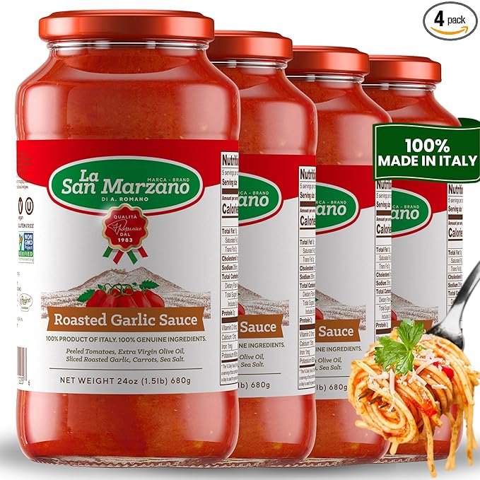 La San Marzano Roasted Garlic Sauce, 24 oz, Pasta Sauce Made in Italy, All Purpose Tomato Premium Quality, All Natural, Mediterranean Diet, Non GMO, Vegan, Gluten Free